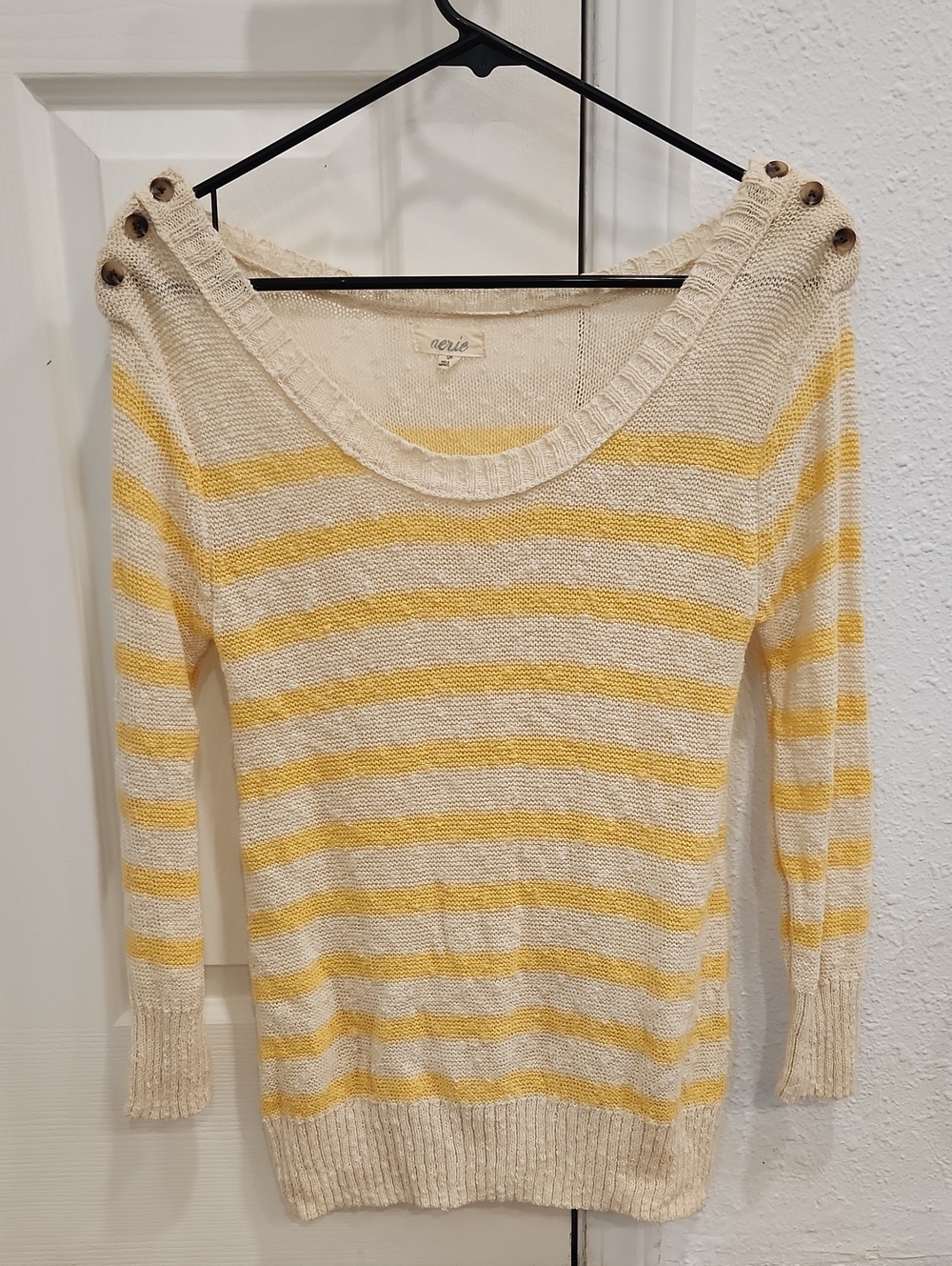 aerie Cream & Yellow Striped Off-the-Shoulder Sweater with Button Shoulders